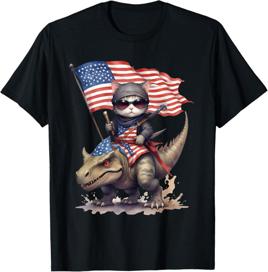 Cute Ninja Cat Riding a Dinosaur American Flag Patriotic Women Kids Men T-Shirt