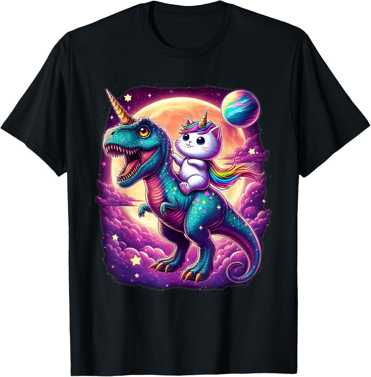 Cat Unicorn Riding Dinosaur T rex Kitten Lover Space Galaxy T-Shirt