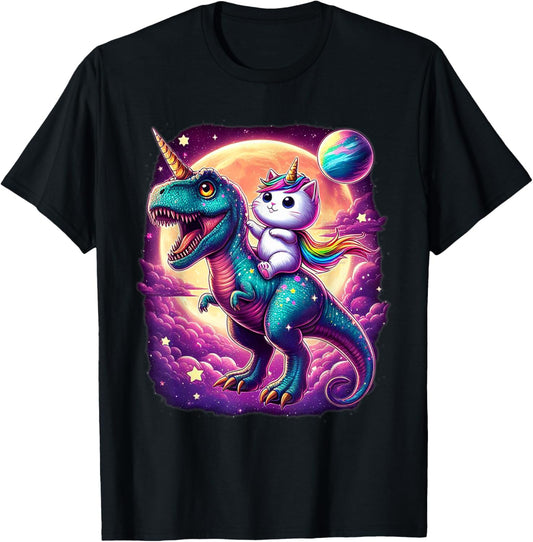 Cat Unicorn Riding Dinosaur T rex Kitten Lover Space Galaxy T-Shirt