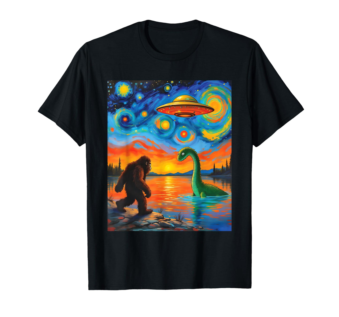 Bigfoot UFO Alien Encounter Van Gogh Starry Night Mystery T-Shirt