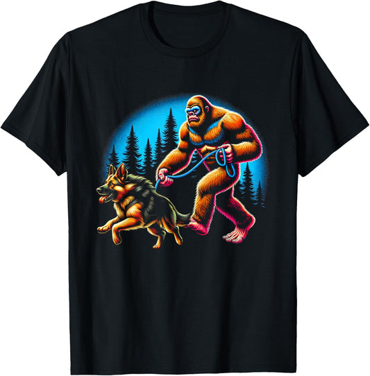 Retro Bigfoot Walking German Shepherd Dogs Adorable Animal T-Shirt