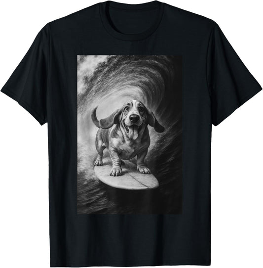 Funny Surfing Basset Hound Selfie On Surfboard Beach Animal T-Shirt