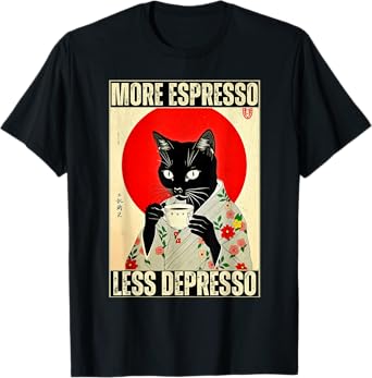 More Espresso Less Depresso Kimono Cat Japanese Art T-Shirt
