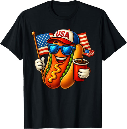4th of July Hotdog Funny Fourth of July Patriotic USA Flag T-Shirt