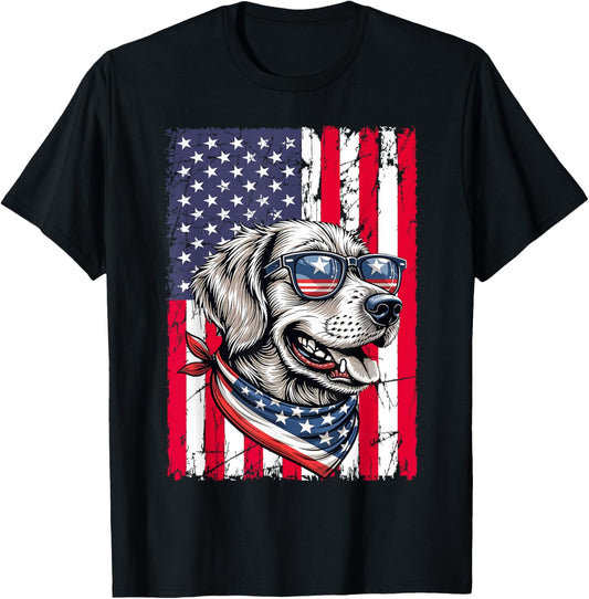Patriotic US America Flag Golden Retriever Dog 4th of July T-Shirt