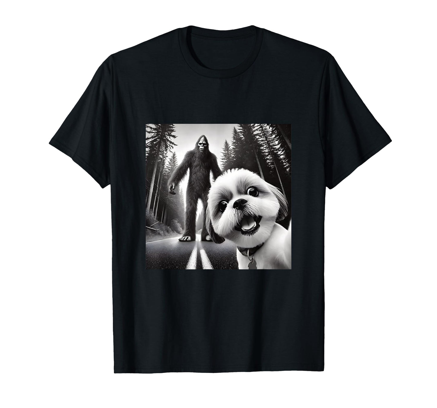 Shih tzu and Bigfoot Adventure in Forest T-Shirt