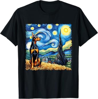 Graphic Art Doberman Pinscher Starry Night Cute Dog Pet T-Shirt