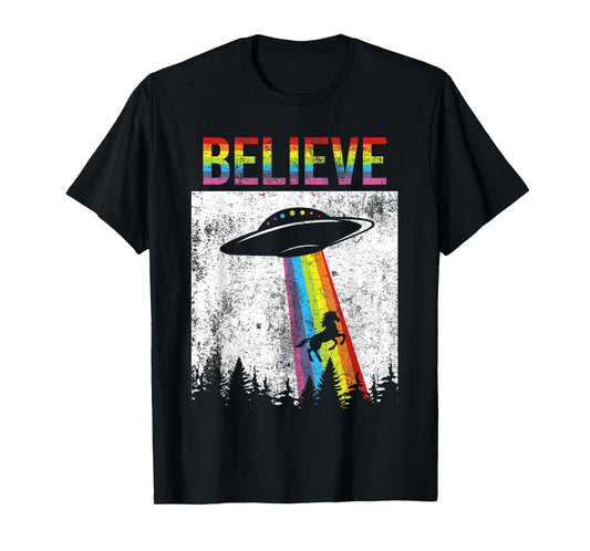 Believe Unicorn UFO LGBT Rainbow Flag Gay Pride Month Ally T-Shirt