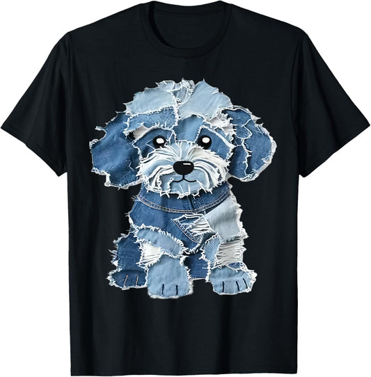 retro funny denim patch animal dog print T-Shirt