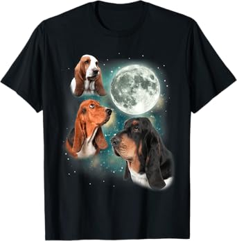 Basset Hound Moon | 3 Funny Canines Howl At Moon Cute Dog T-Shirt