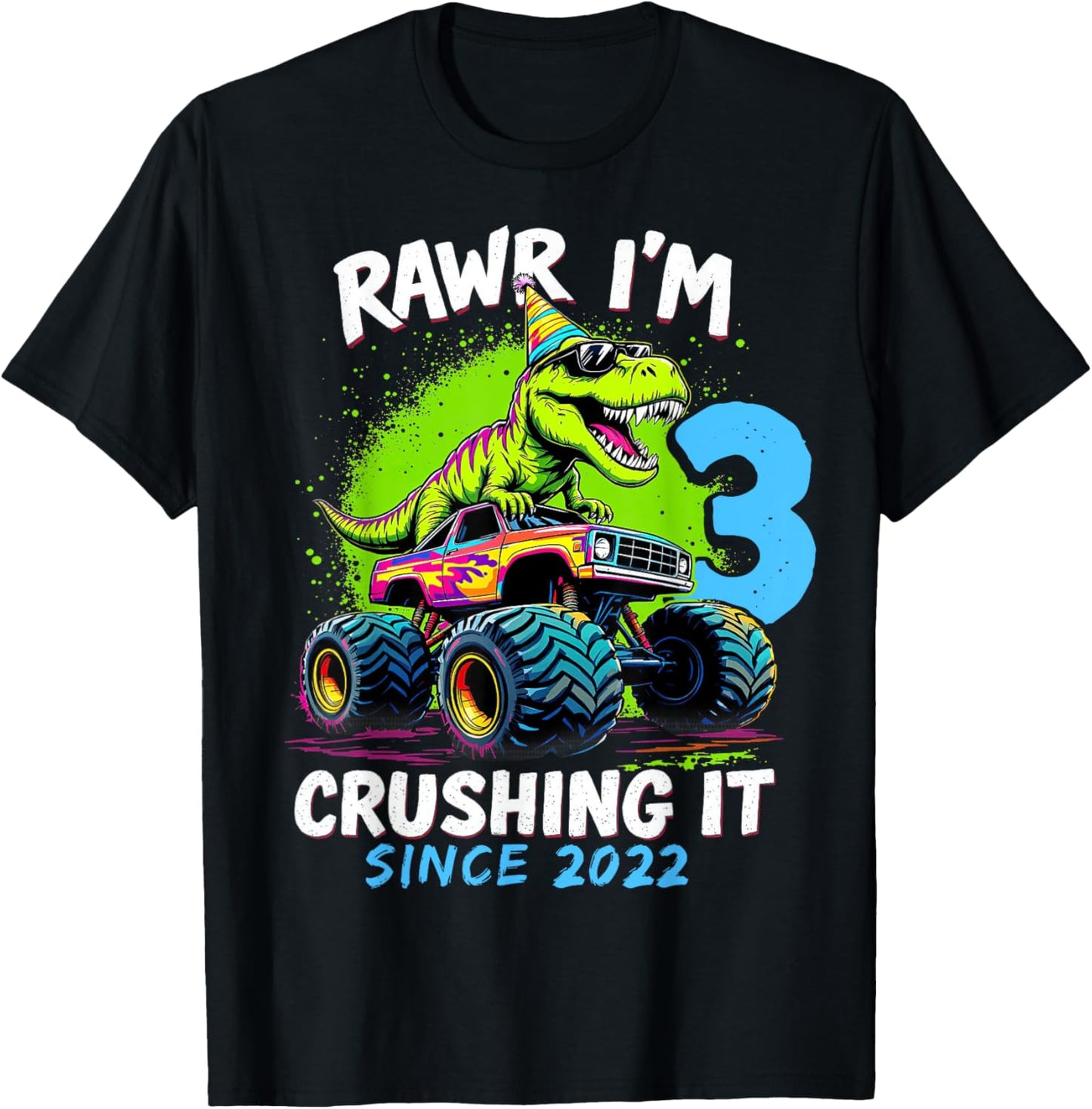 3rd Birthday Monster Truck Dinosaur Party Boys Rawr I'm 3 T-Shirt
