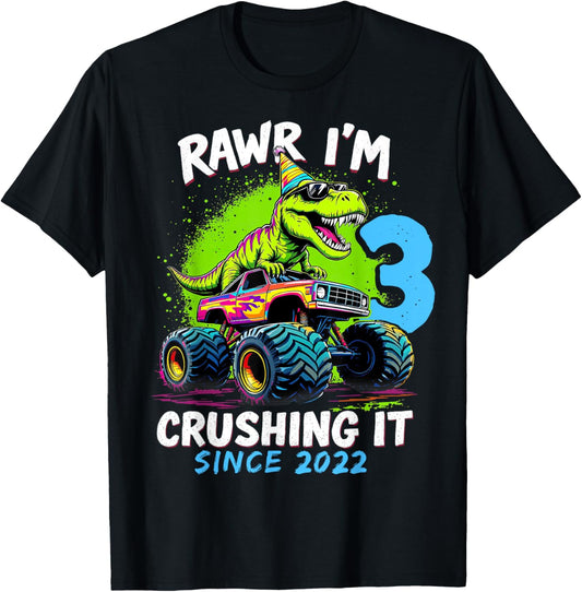 3rd Birthday Monster Truck Dinosaur Party Boys Rawr I'm 3 T-Shirt