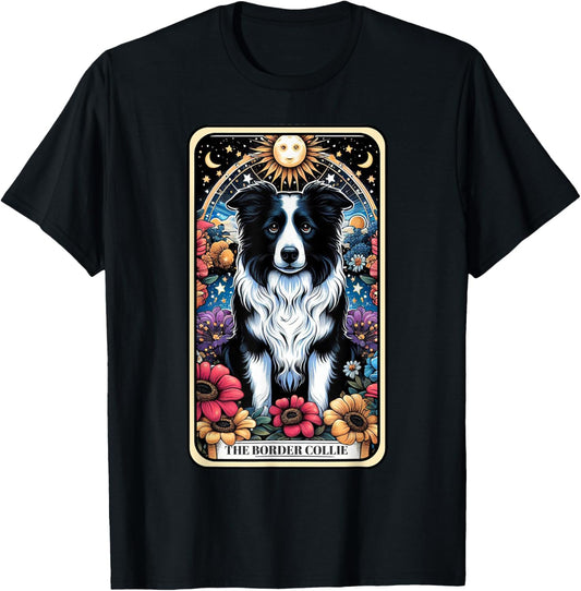 Border Collie Dog Tarot Card Floral Star Moon T-Shirt