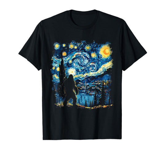 Funny Bigfoot Starry Night Sasquatch Van Gogh Sky Painting T-Shirt