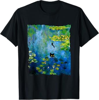 Black Cat Monets Waterlily Painting Art Cat Lover T-Shirt