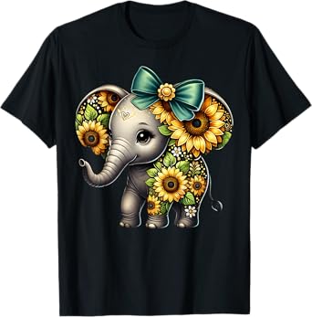 Flower Elephant Sunflower Flower Bow Graphic Tee Women Girls T-Shirt