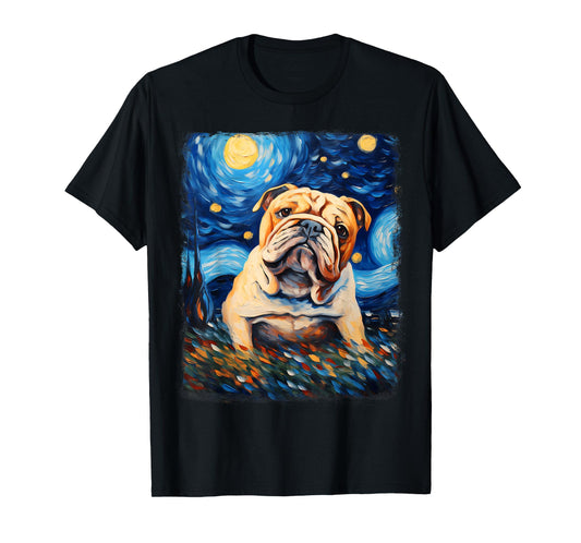 Bulldog Dog Starry Night Painting T-Shirt