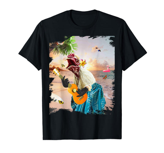 Aloha Hawaiian Chicken Playing Ukulele Beach Funny T-Shirt