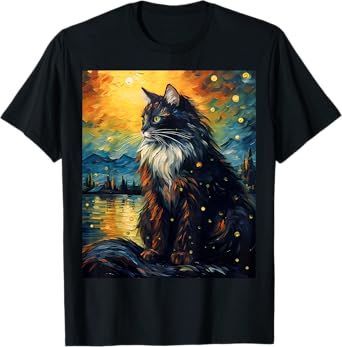 Surreal Starry Night Norwegian Forest Cat Men Women Girls Kids T-Shirt