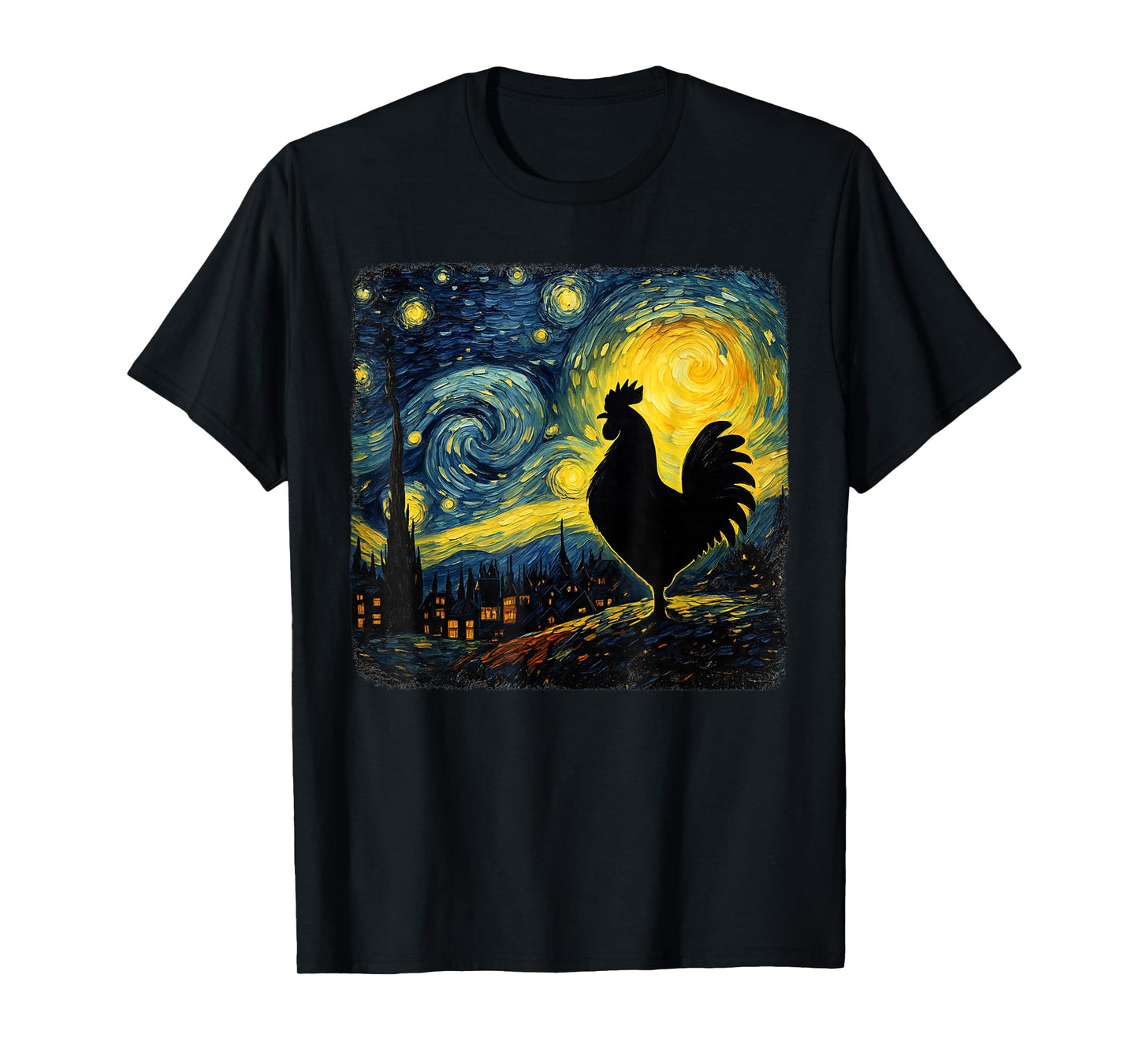 Starry Night Van Gogh Farmer Chicken Rooster Funny Graphic T-Shirt