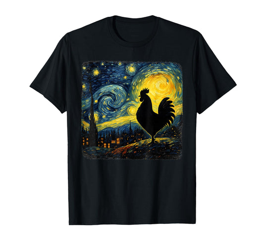 Starry Night Van Gogh Farmer Chicken Rooster Funny Graphic T-Shirt