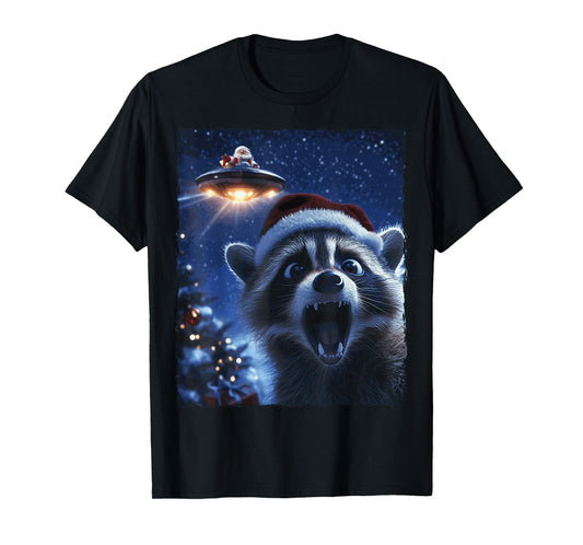 Funny Raccoon Selfie Santa Ufo Xmas Christmas T-Shirt