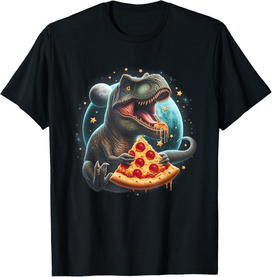 Dinosaur T-Rex Eating Pizza in Space galaxy for Kids T-Shirt