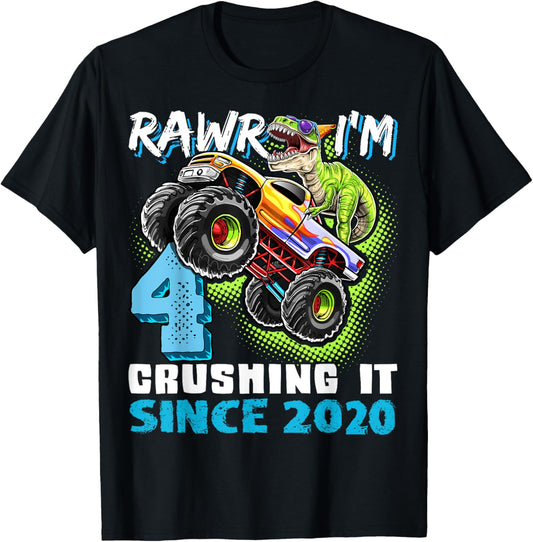 Dinosaur Monster Truck 4th Birthday Party Boys Rawr I'm 4 T-Shirt