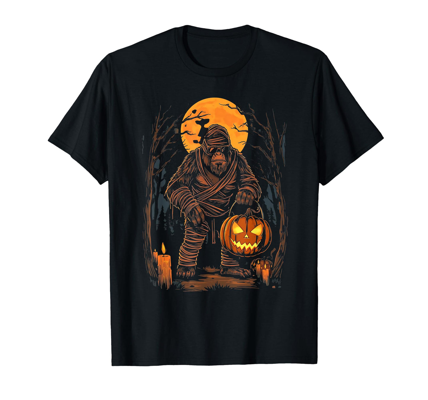 Mummy Bigfoot Holding Pumpkin Halloween Costume Fun T-Shirt