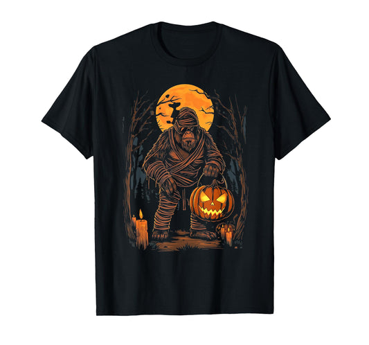 Mummy Bigfoot Holding Pumpkin Halloween Costume Fun T-Shirt