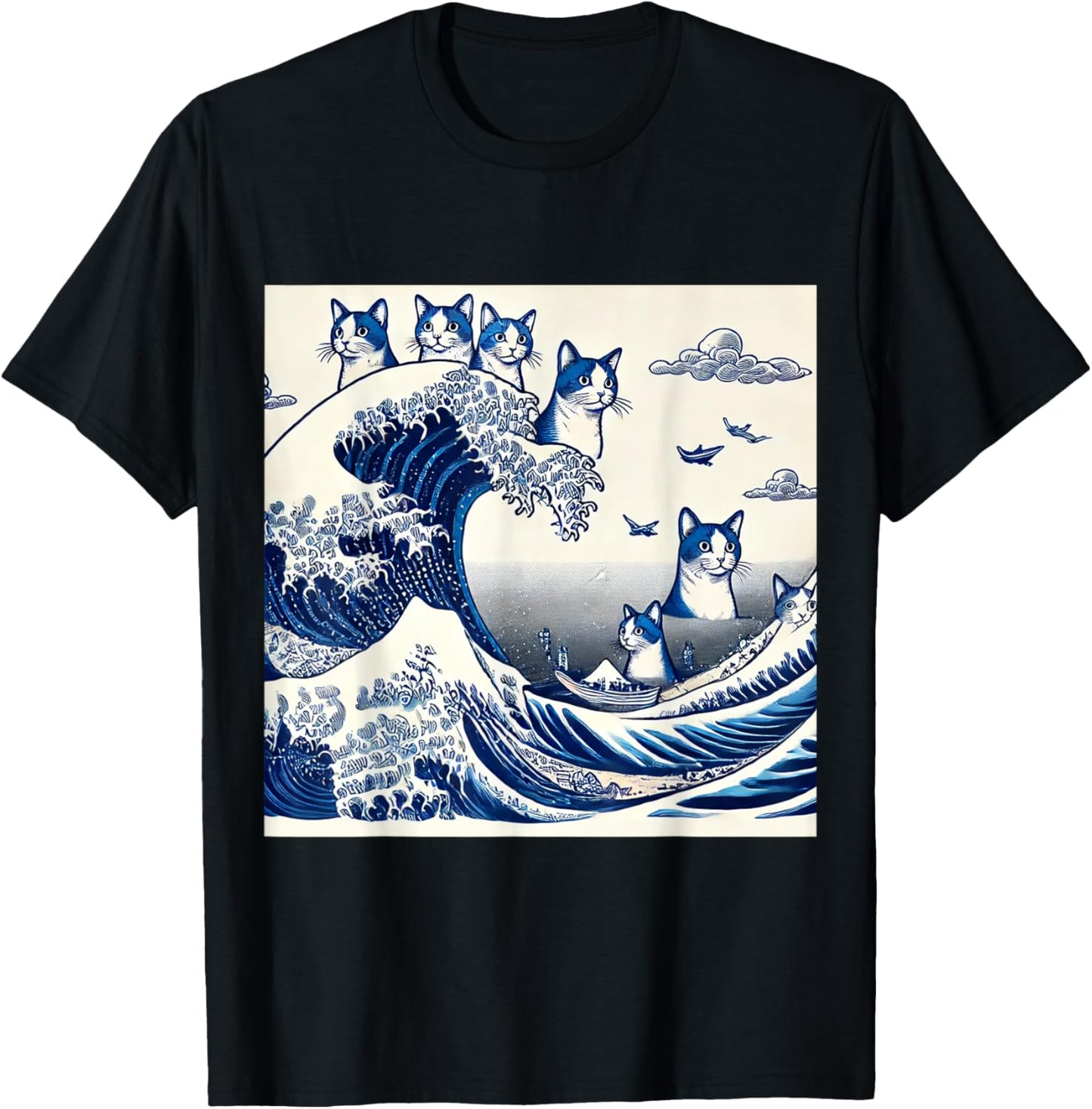 Cat Wave Art Japanese Vintage Ocean Cats Art T-Shirt