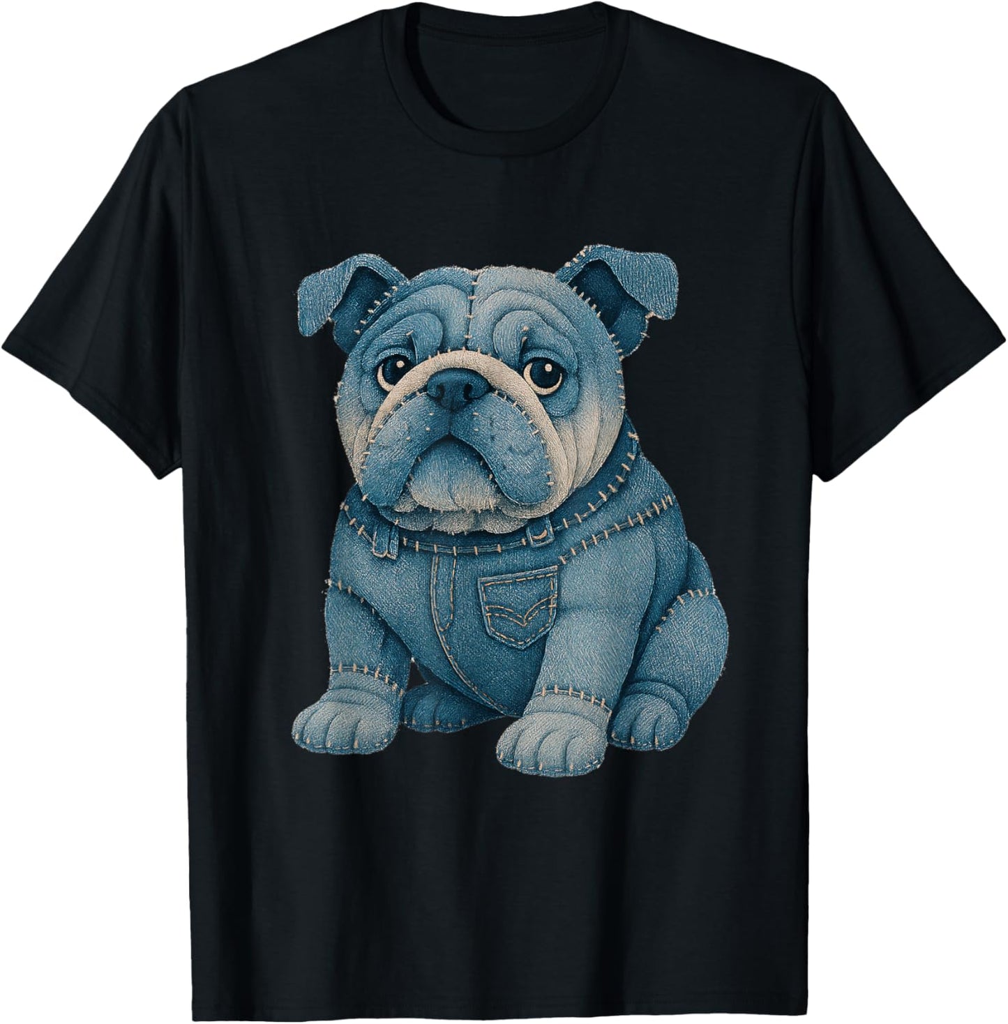 Funny Bulldog in Denim Patchwork Art Style Tee T-Shirt