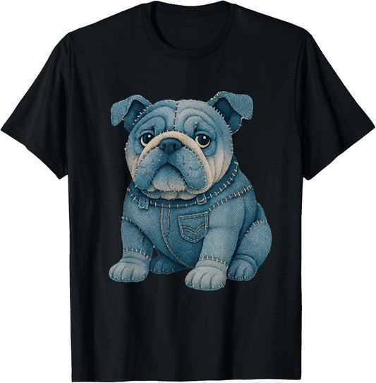 Funny Bulldog in Denim Patchwork Art Style Tee T-Shirt