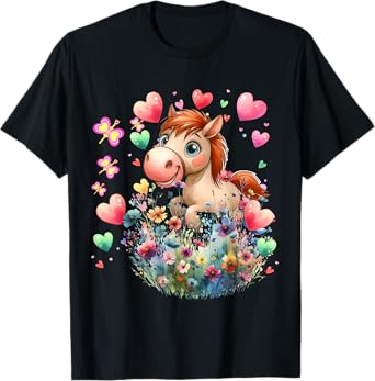 Birthday Children Girls Boys Horse Hearts Flowers T-Shirt