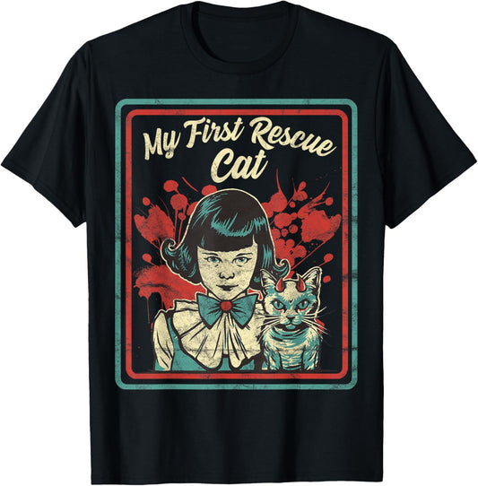 Vintage Child Game Horror, Dark Humor, My First Rescue Cat T-Shirt