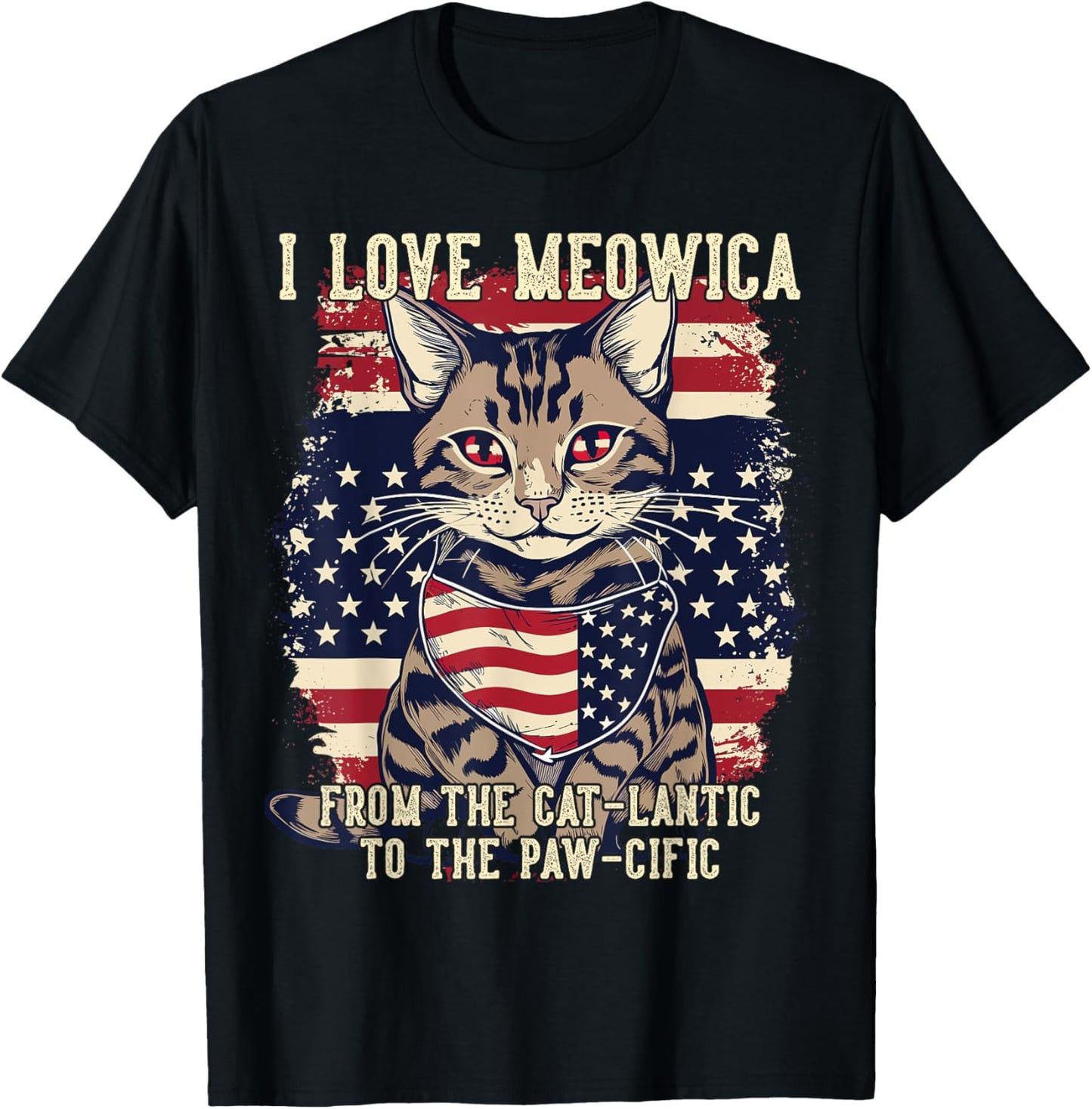 4th July Cat Lover, I Love Meowica Funny Patriotic Cat Woman T-Shirt
