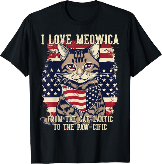 4th July Cat Lover, I Love Meowica Funny Patriotic Cat Woman T-Shirt