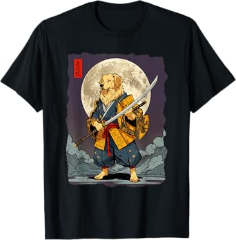 Golden Retriever Samurai Japanese Retro Ukiyo-e Warrior T-Shirt