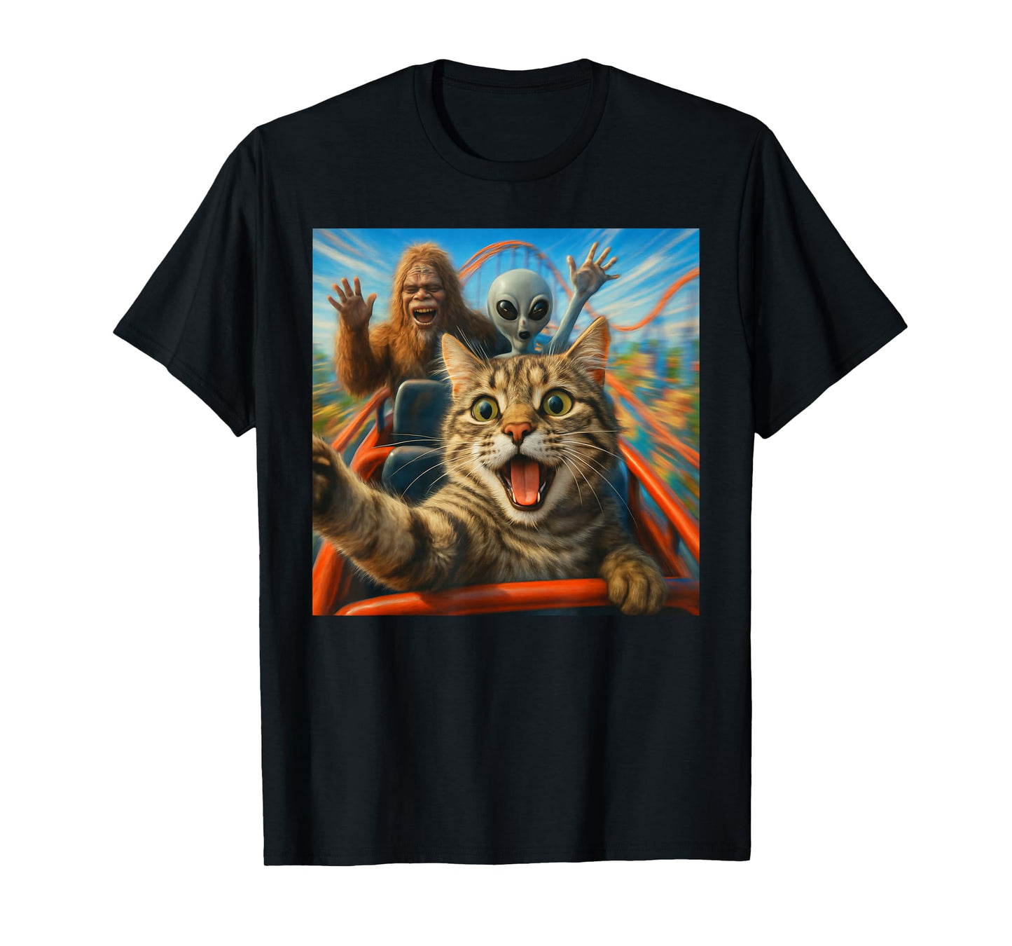 Funny Cat Selfie with Big Foot & Alien Roller Coaster Meme T-Shirt