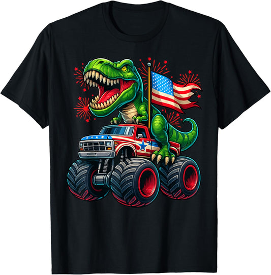 4th Of July T-Rex Dinosaur Monster Truck USA Flag Boys Men T-Shirt