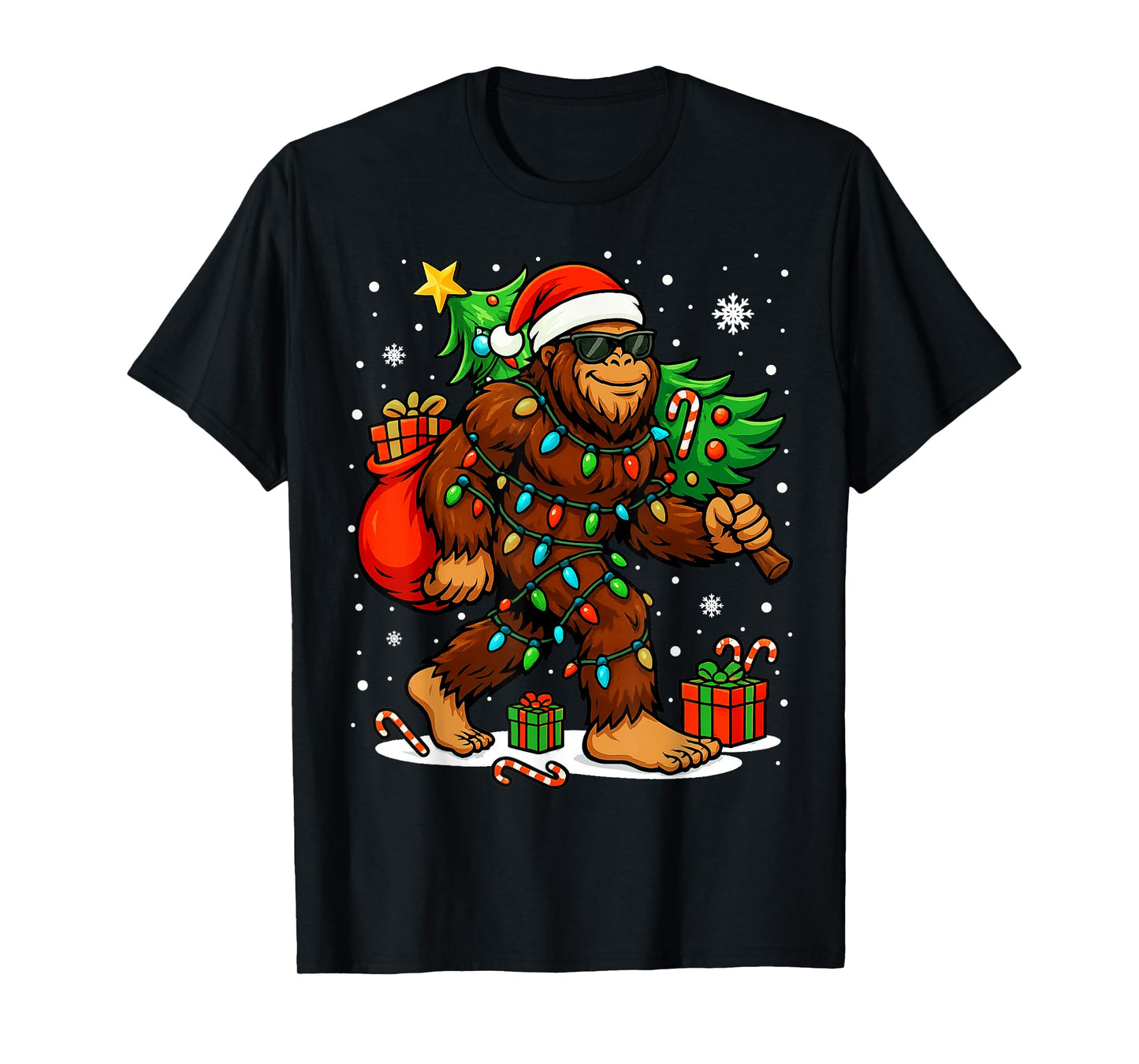 Santa Bigfoot Christmas Tree Xmas Lights Funny Sasquatch T-Shirt