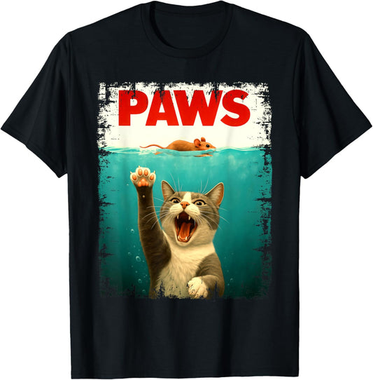 PAWS Parody Cat Mouse Humorous Cat Chasing Mouse Kitten T-Shirt