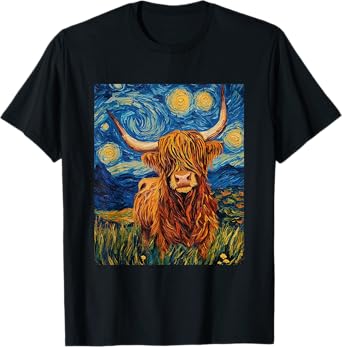 Funny Highland Cow Graphic - Van Gogh Style - Starry Night T-Shirt
