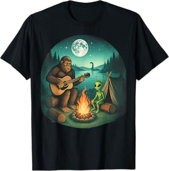 Bigfoot And Alien Loh Ness Campfire For Outdoor Lovers T-Shirt