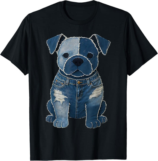 Retro Funny Denim Patch Animal Dog Print For Men Women Kids T-Shirt