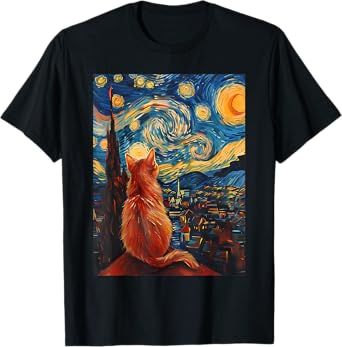 Cat Starry Night Van Gogh Cat For Cat Lover Cat Mom Cat Dad T-Shirt