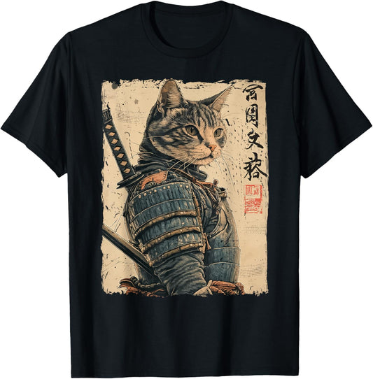 Samurai Cat Warrior Japanese Ukiyo-e Artwork Cat Samurai T-Shirt