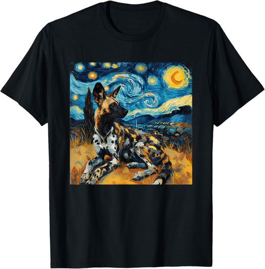 African Wild Dog Hyena Van Gogh Style Starry Night T-Shirt