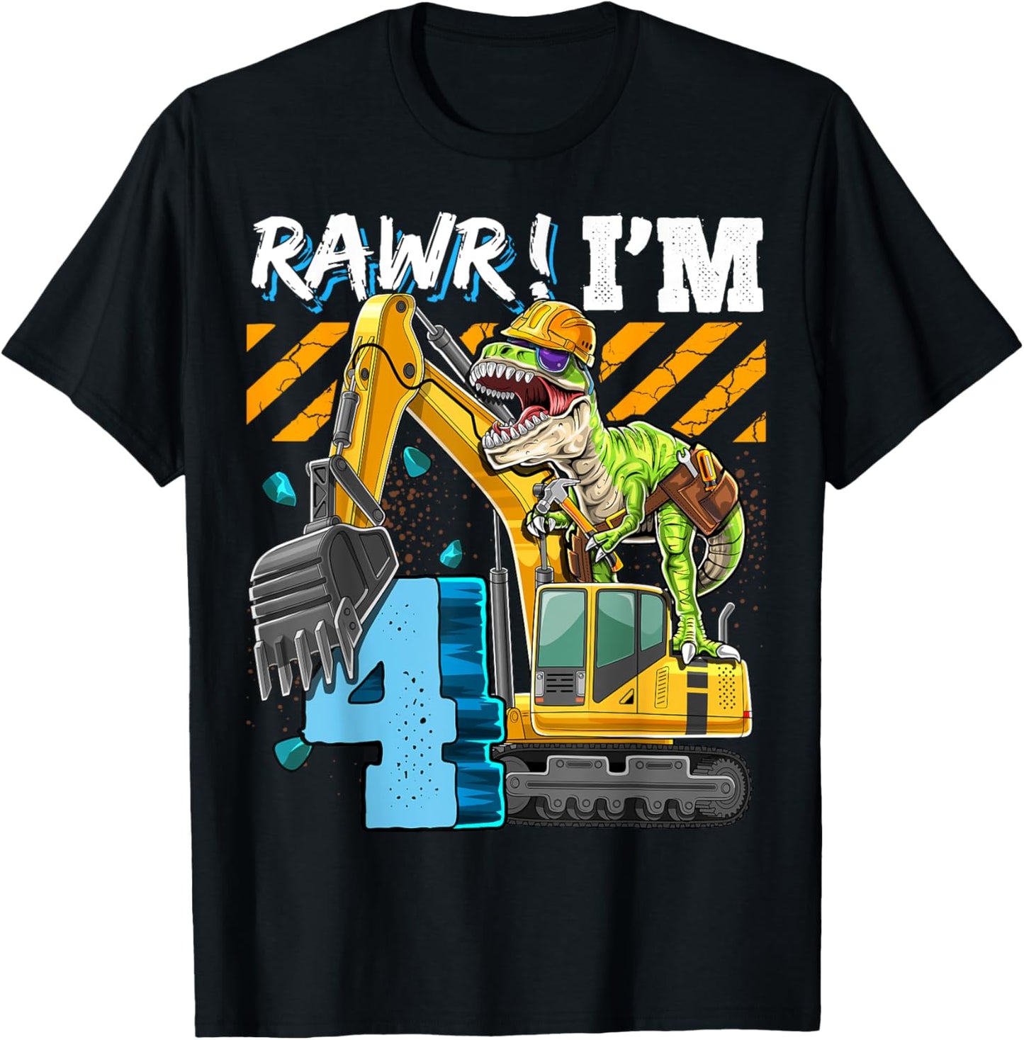 T Rex Dinosaur Construction Hat Excavator 4th Birthday Boys T-Shirt