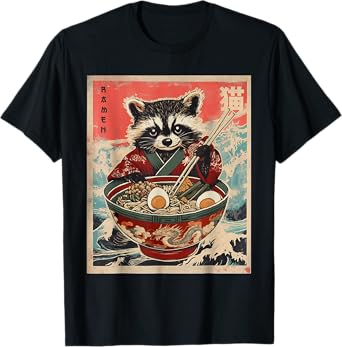 Raccoon Eating Ramen Japanese Noodles Funny Racoon Anime T-Shirt